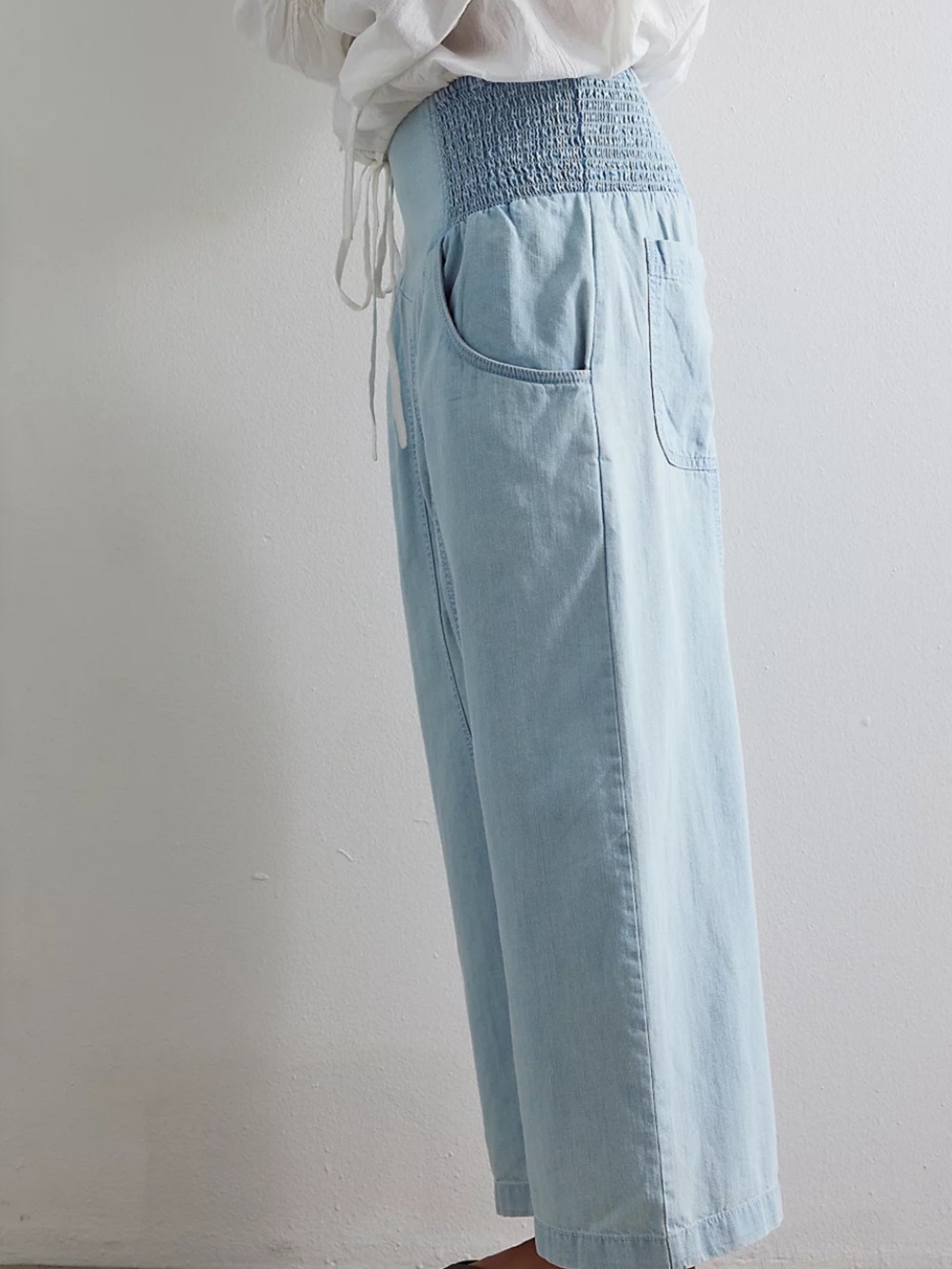 Free People Light Blue Wide-Leg Denim Jeans with Smocked Waist - Picture 3 of 3
